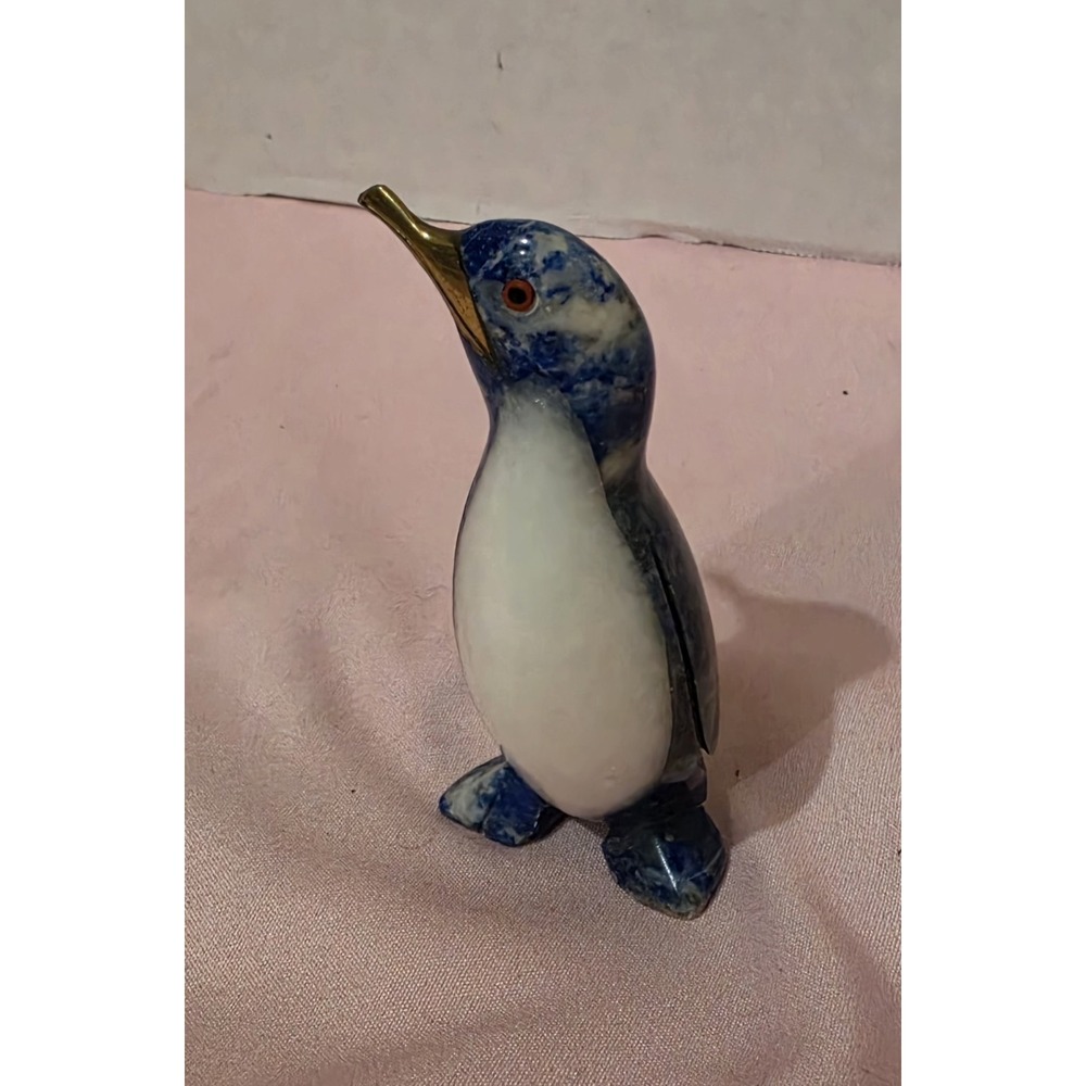 Carved Lapis Lazuli Penguin Figurine with White Onyx Belly and Brass Beak 2.1" - Picture 2 of 9